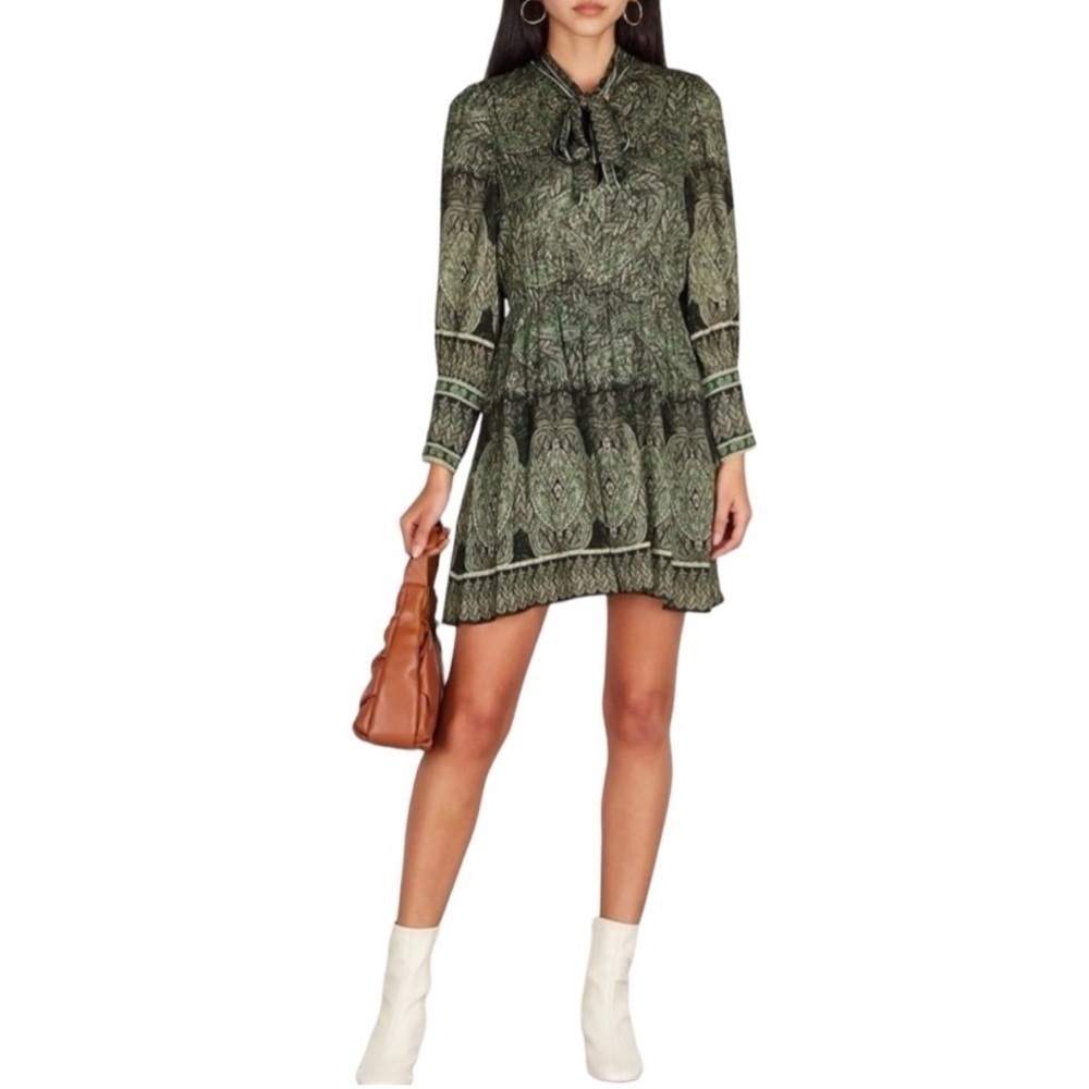 Alice + Olivia Tanisha Tie-Neck Mini Dress Green Size 8 NWT